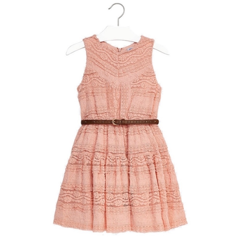 New Mayoral 16 Girls Coral Pastel Pink Belted Knit Lace Dress Easter Spring Boho